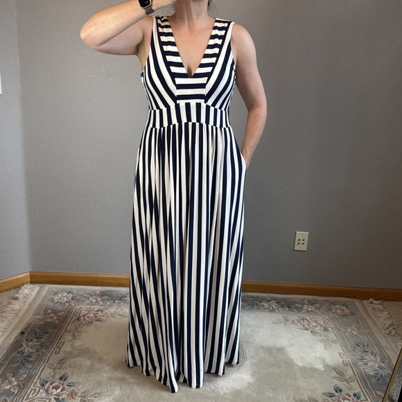 Boden Olympia Jersey Maxi Dress Size 10 L French Navy Ivory Stripe Pocket V-Neck - Picture 1 of 9